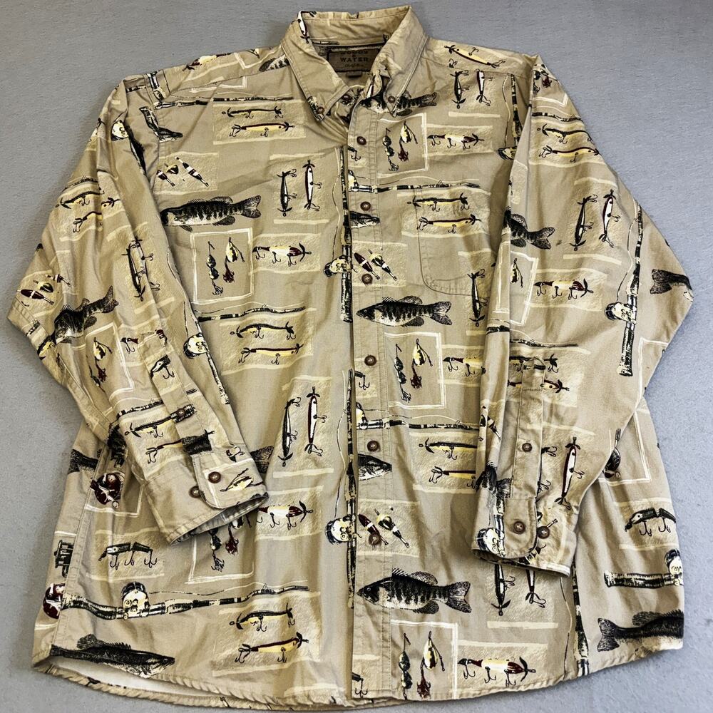 Woods Waters Fish Lure Shirt Mens Large Casual Button Down Fishing Outfitters